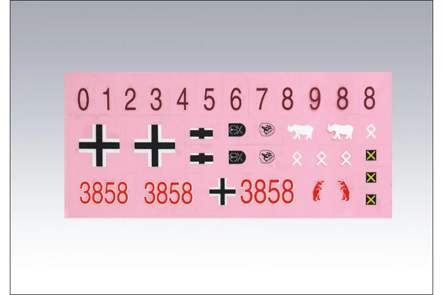 A sheet of waterslide decals for a Heng Long RC tank featuring numbers, German crosses, and various military-style insignias on a pink backing paper.