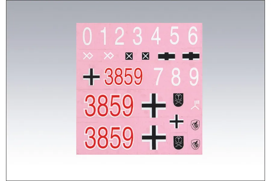 A sheet of waterslide decals for RC tanks featuring numbers 0-9, German-style crosses, and military unit insignia on a pink backing paper.