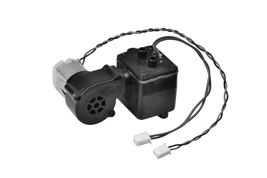 Heng Long RC tank smoke generator unit featuring a black plastic housing, small electric motor, and two sets of wires with white connectors.