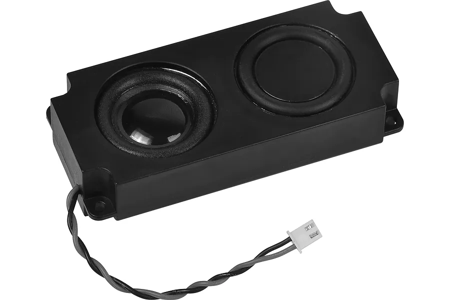 A black Heng Long dual speaker unit for RC tanks with a two-pin connector on a twisted wire lead.