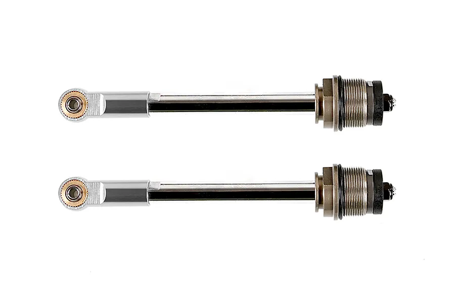 Two Rovan silver rear shock shafts with rod ends and threaded collars, isolated on a white background.