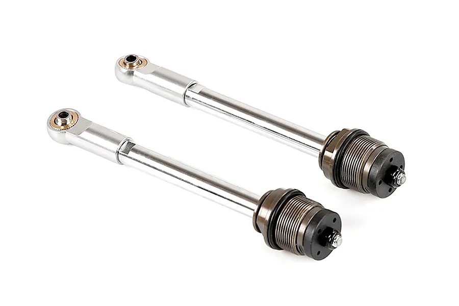 Two silver Rovan RC shock shafts with attached rod ends and threaded collars on a white background.