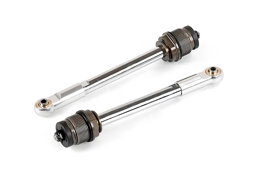 Two Rovan silver RC shock shafts with attached rod ends and threaded collars on a white background.