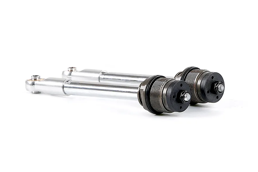 Two silver RC shock absorber shafts with black end caps and rod ends, isolated on a white background.