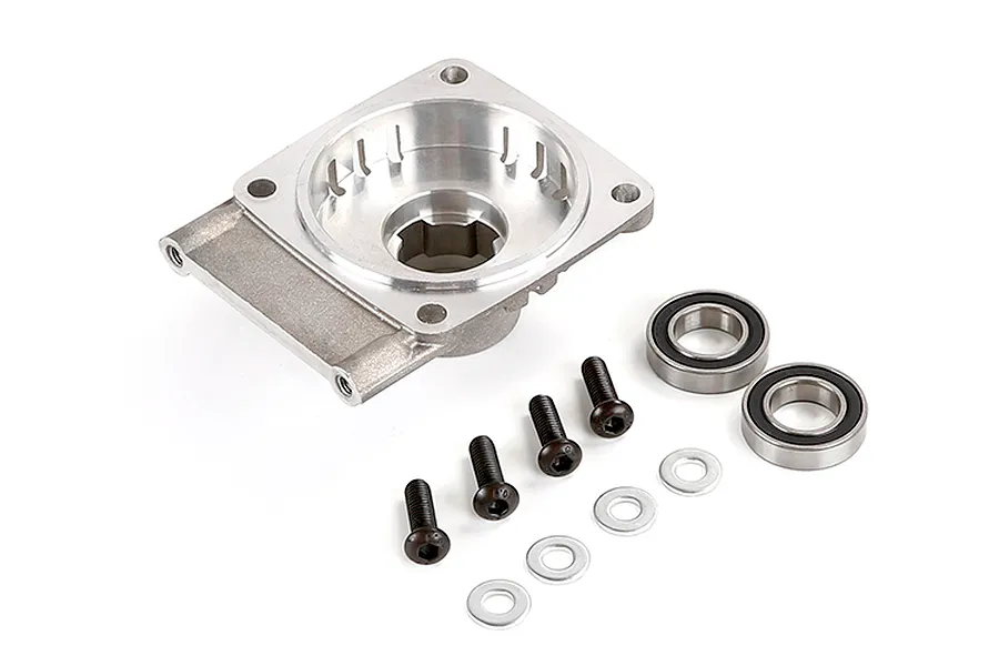 Rovan 5IVE-T LT clutch housing assembly including a metal housing, four black hex bolts, four silver washers, and two ball bearings on a white background.