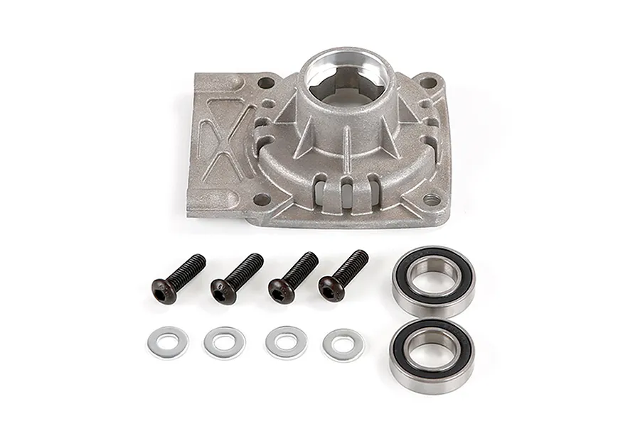 Rovan 5IVE-T LT clutch housing assembly including metal housing, four black screws, four washers, and two ball bearings on a white background.