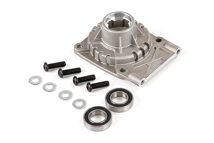 Rovan 5IVE-T LT clutch housing assembly including metal housing, four black screws, four washers, and two ball bearings on a white background.