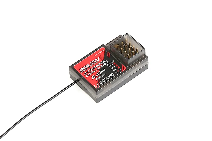 A Rovan BER-RXV4 4-channel 2.4GHz RC receiver with a black plastic case, red label, and antenna wire against a white background.
