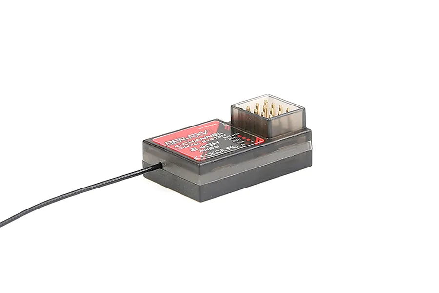 A Rovan BER 4-channel 2.4GHz RC receiver with a black plastic case, red label, and antenna wire against a white background.