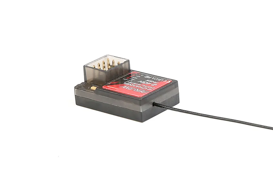 A Rovan 4-channel 2.4GHz RC receiver with a black plastic case, antenna wire, and connection pins on a white background.
