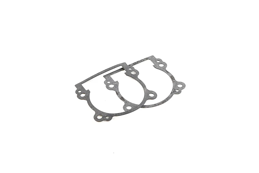 Two grey Rovan 45cc 2-stroke engine crankcase gaskets laid flat on a white background.