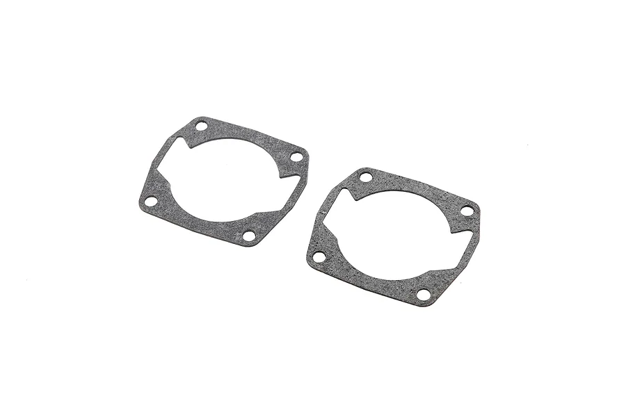 Two grey, flat, four-bolt cylinder head gaskets for a 45cc 2-stroke RC engine, shown on a white background.