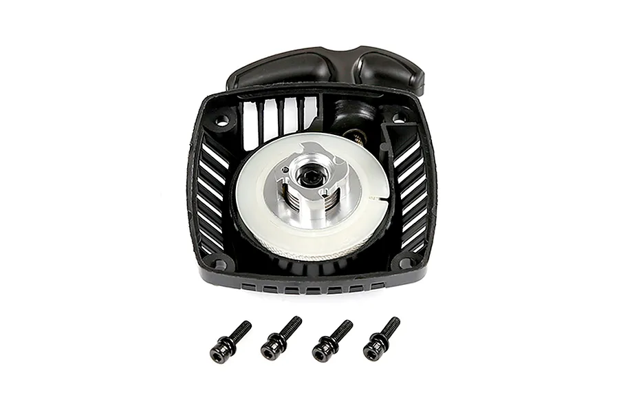 Rovan 1/5 Baja 5B pull start assembly with a black plastic housing, silver metal claw, and four mounting screws on a white background.