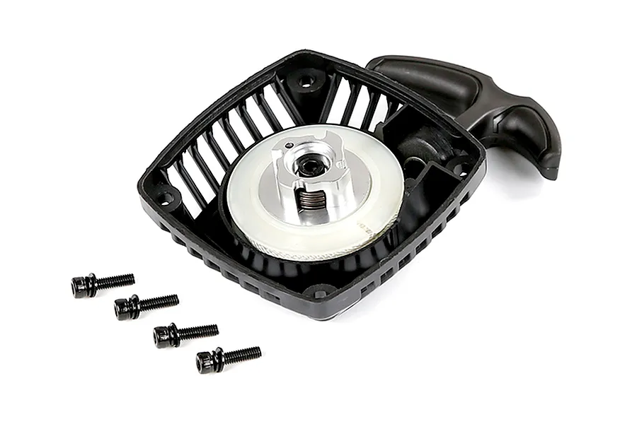 Rovan 1/5 scale RC pull start assembly with a black plastic housing, metal claw, and four mounting screws on a white background.