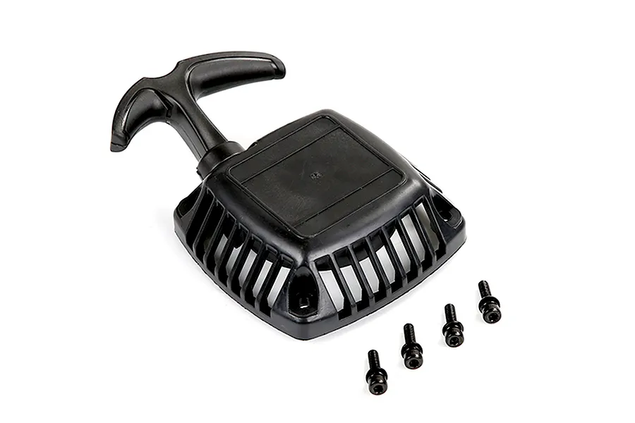 A black Rovan pull start assembly for a 1/5 scale RC engine, featuring a vented plastic housing and four included mounting screws.