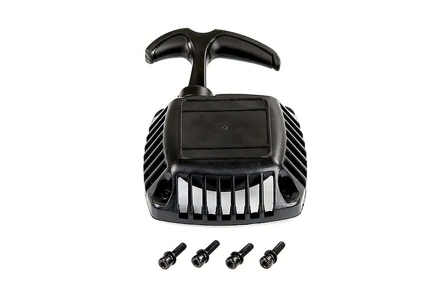 A black Rovan pull start assembly for a 1/5 scale RC car, featuring a plastic housing, handle, and four included mounting screws.