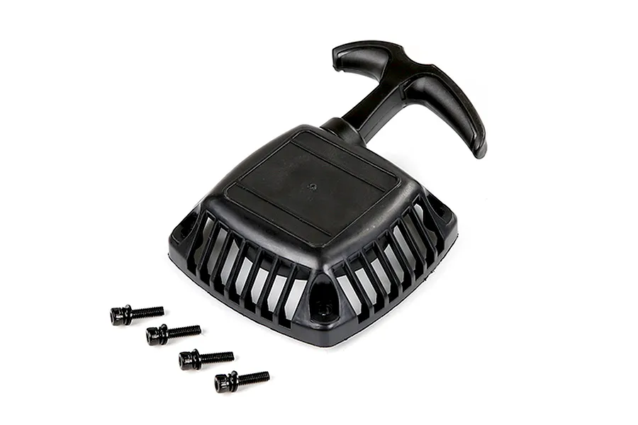 A black plastic pull start assembly for an RC engine with a T-handle and four included mounting screws on a white background.