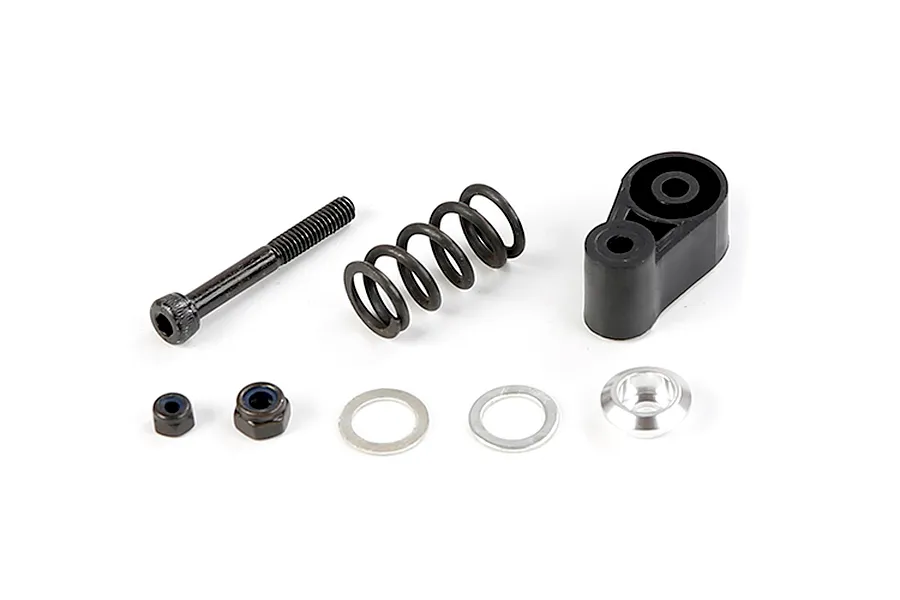 Rovan RC servo saver assembly kit including a black plastic arm, coil spring, bolt, nuts, washers, and a metal spacer on a white background.