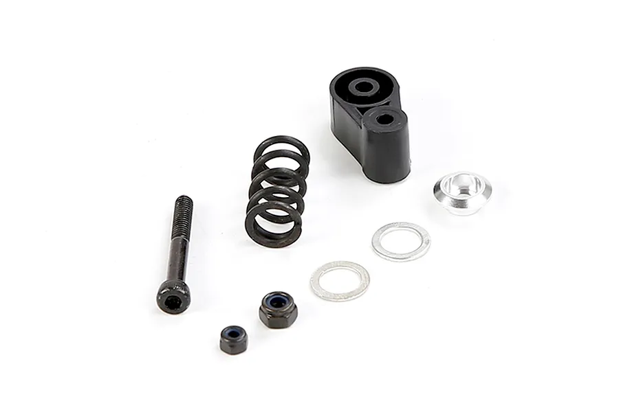 Rovan RC servo saver assembly kit including a black plastic arm, metal spring, bolt, nuts, washers, and a metal bushing on a white background.