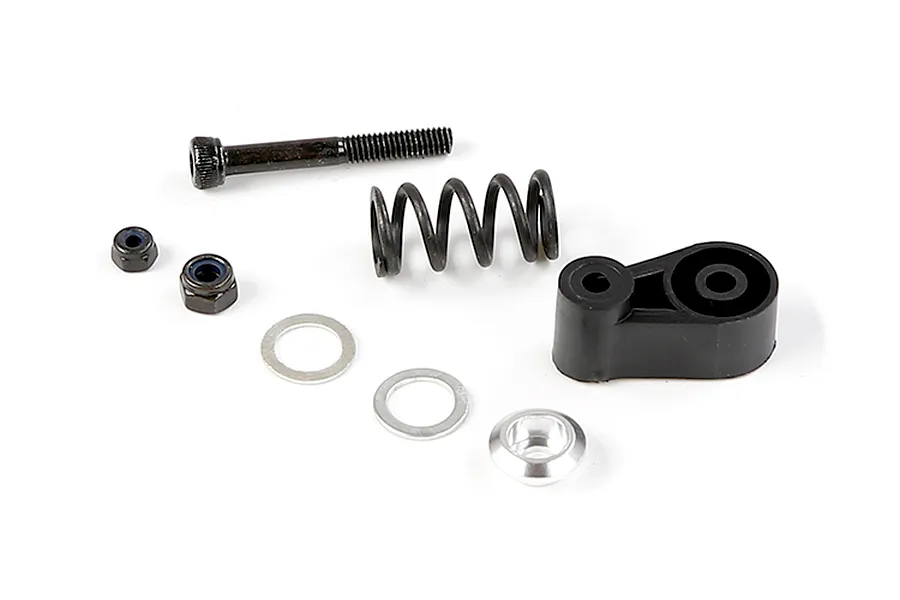 Rovan RC servo saver assembly kit including a black plastic arm, coil spring, bolt, nuts, and washers on a white background.