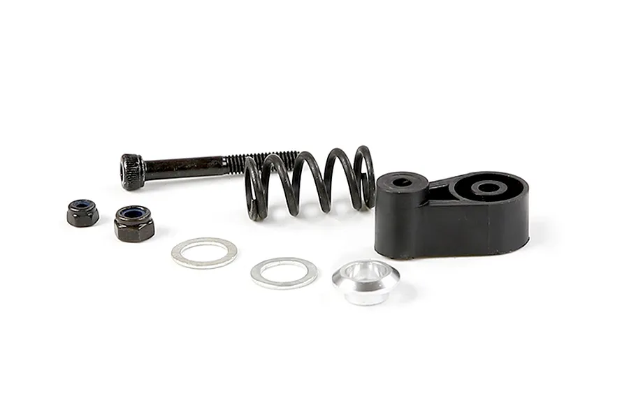 Rovan RC servo saver assembly kit including a black plastic arm, metal spring, bolt, nuts, washers, and a metal bushing on a white background.