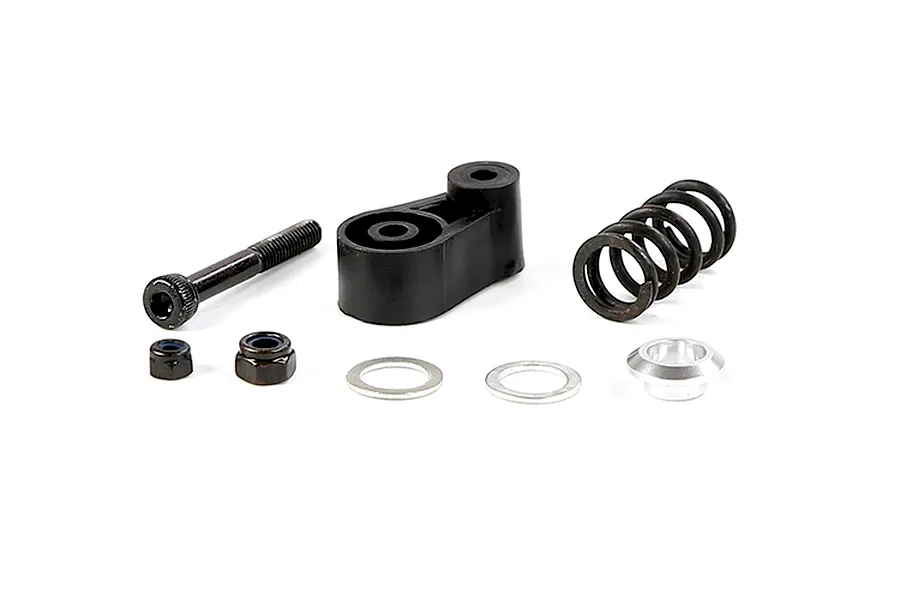 Rovan RC servo saver assembly kit including a black plastic arm, metal spring, bolt, nuts, washers, and a metal bushing on a white background.