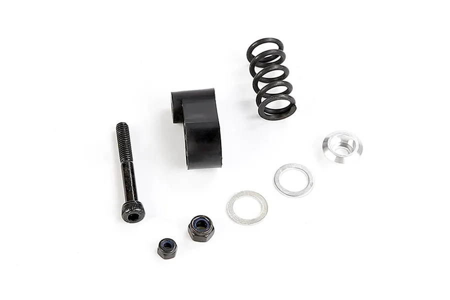 A Rovan servo saver assembly kit including a black plastic arm, metal spring, bolt, nuts, and washers on a white background.