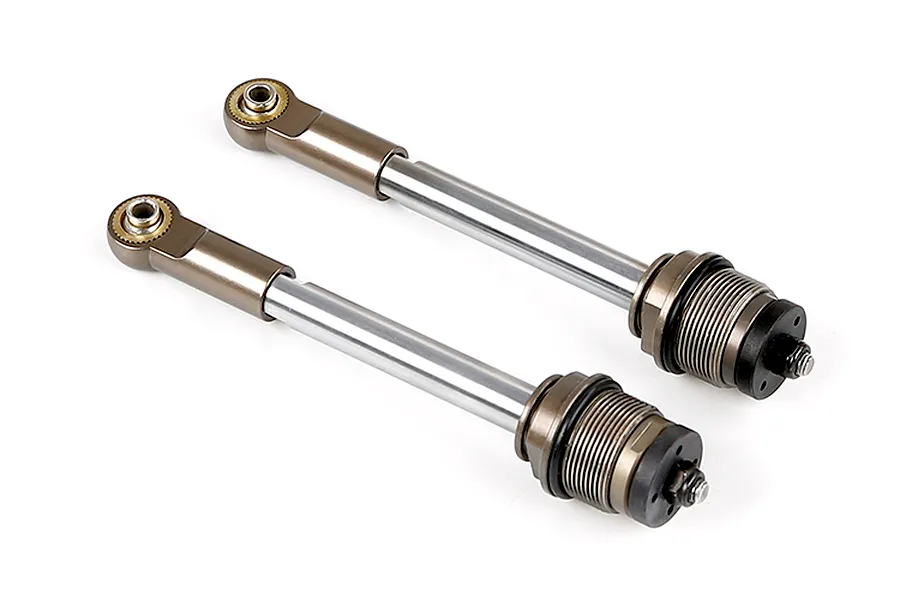 Two Rovan RC shock absorber shafts with silver rod ends and threaded collars on a white background.