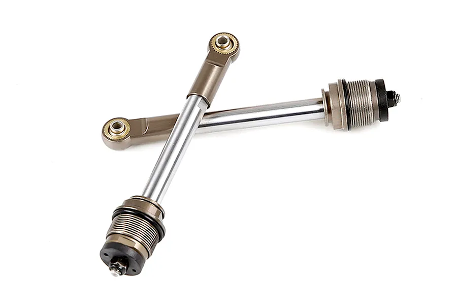 Two Rovan silver RC shock absorber shafts with rod ends, shown against a white background.