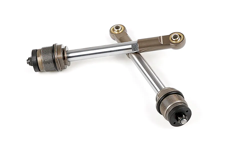 Two Rovan RC shock shafts with silver metal rod ends and threaded collars, isolated on a white background.