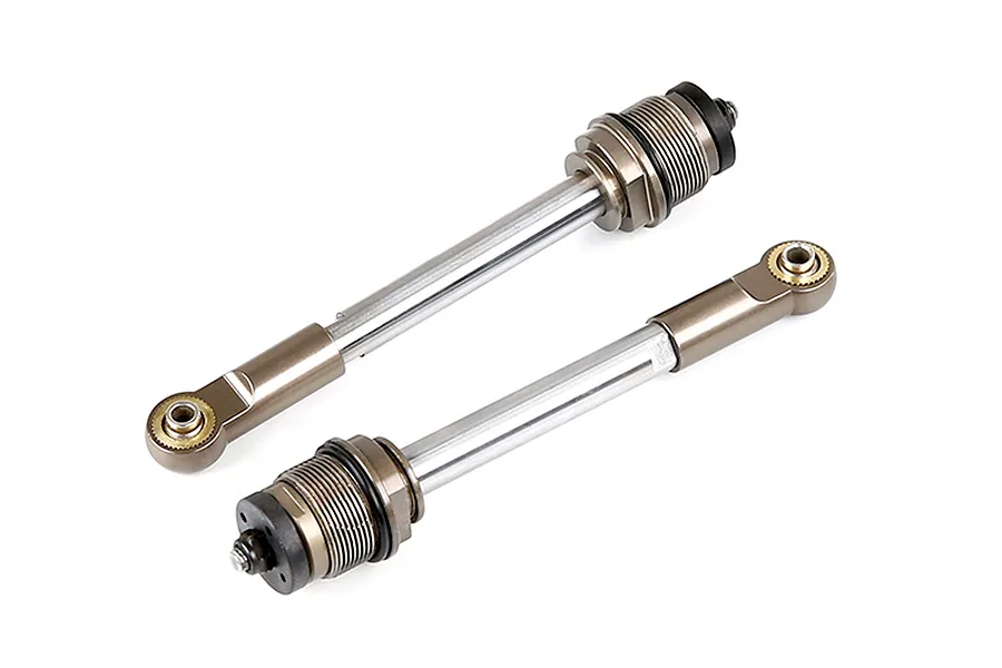 Two Rovan silver shock shafts with attached rod ends, featuring metallic finish and black rubber seals, isolated on a white background.