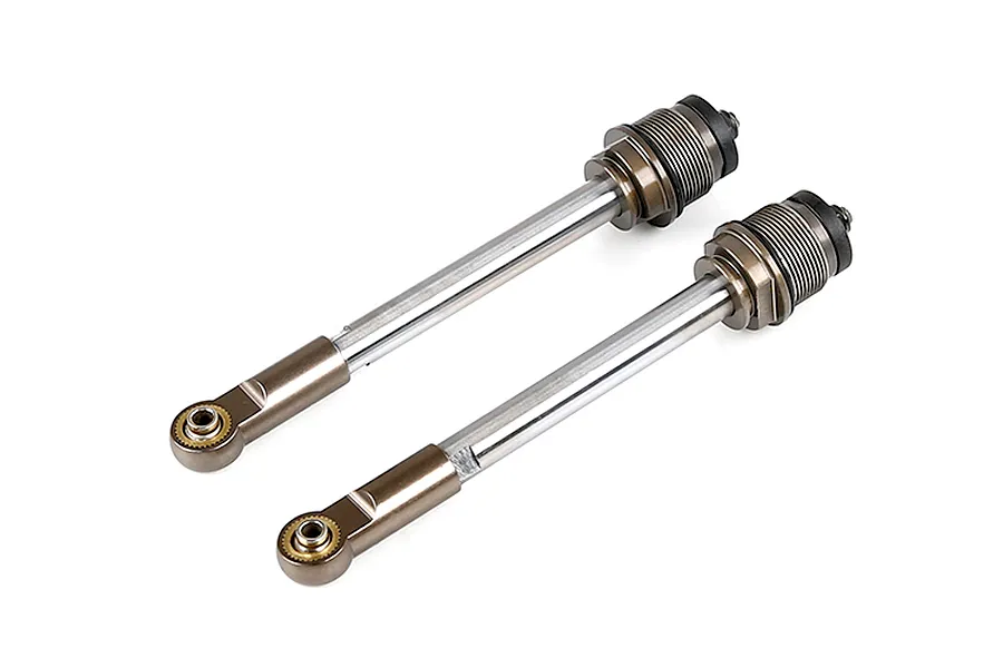 Two Rovan gun metal RC shock shafts with attached rod ends, isolated on a white background.