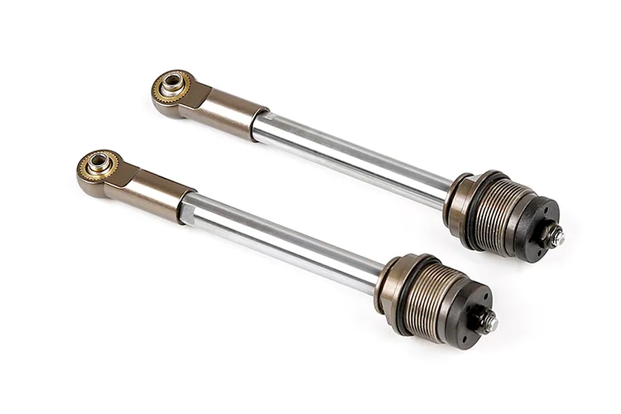 Two Rovan gun metal rear shock shafts with rod ends, shown against a plain white background.