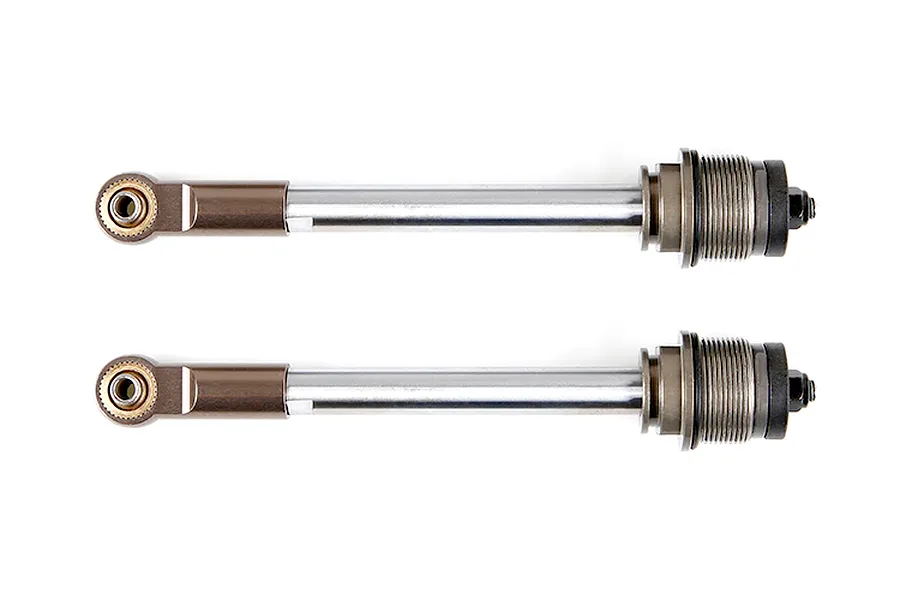 Two Rovan gun metal rear shock shafts with rod ends, shown side-by-side against a white background.