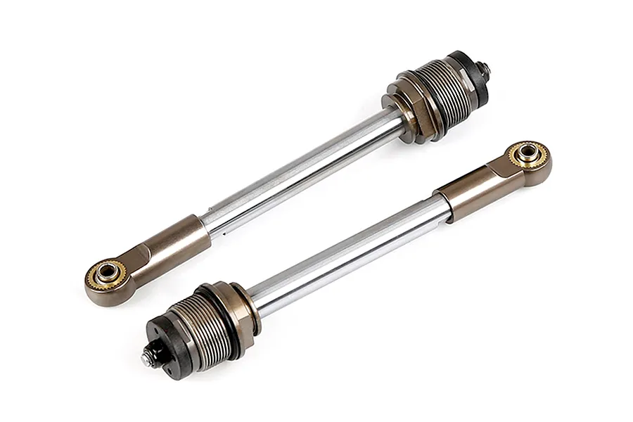 Two Rovan gun metal RC shock shafts with rod ends, shown against a white background.