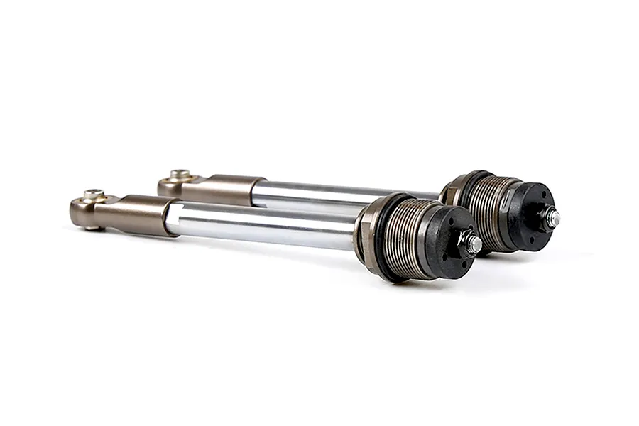 Two Rovan gun metal rear shock shafts with rod ends, shown against a white background.