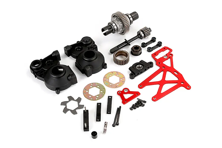 Rovan 1/5 Baja plastic gear differential transmission assembly parts laid out on a white background.