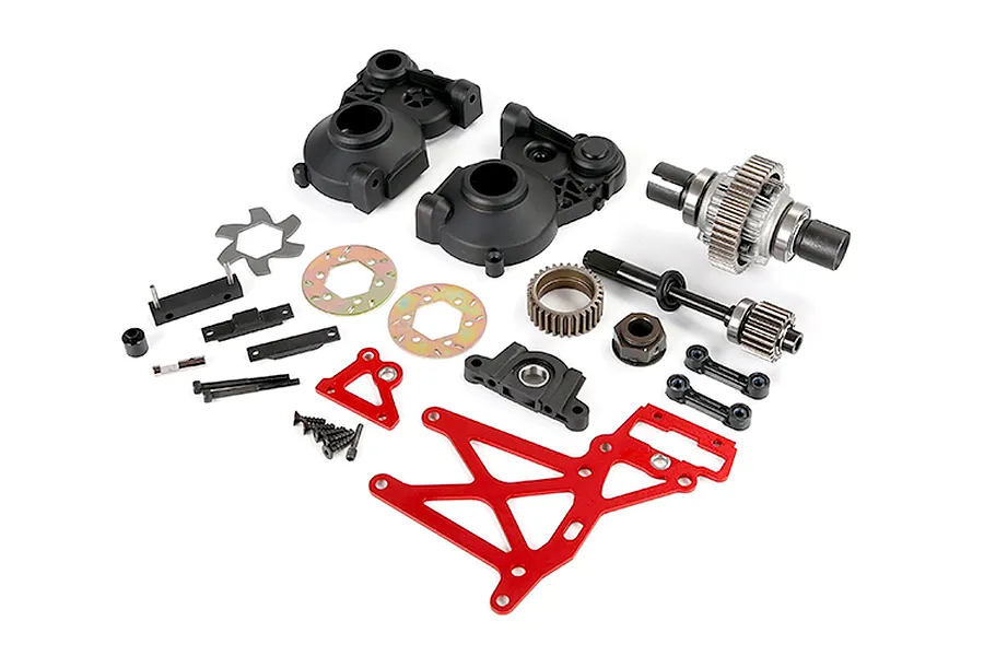 A Rovan 1/5 scale Baja plastic gear differential transmission assembly kit including plastic housing, metal gears, and red anodized aluminum parts.