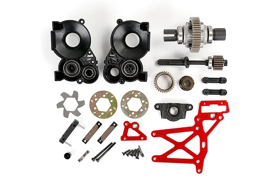 A flat-lay view of a Rovan 1/5 scale Baja RC car transmission assembly kit including plastic gear cases, metal gears, a red aluminum chassis brace, and hardware.