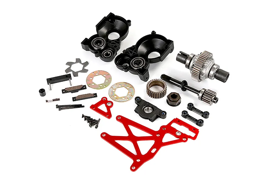 A Rovan 1/5 scale Baja plastic gear differential transmission assembly kit laid out on a white background.