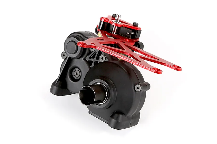 Rovan 1/5 scale RC Baja transmission assembly featuring a black plastic gearbox housing and a red anodized aluminum mounting plate.