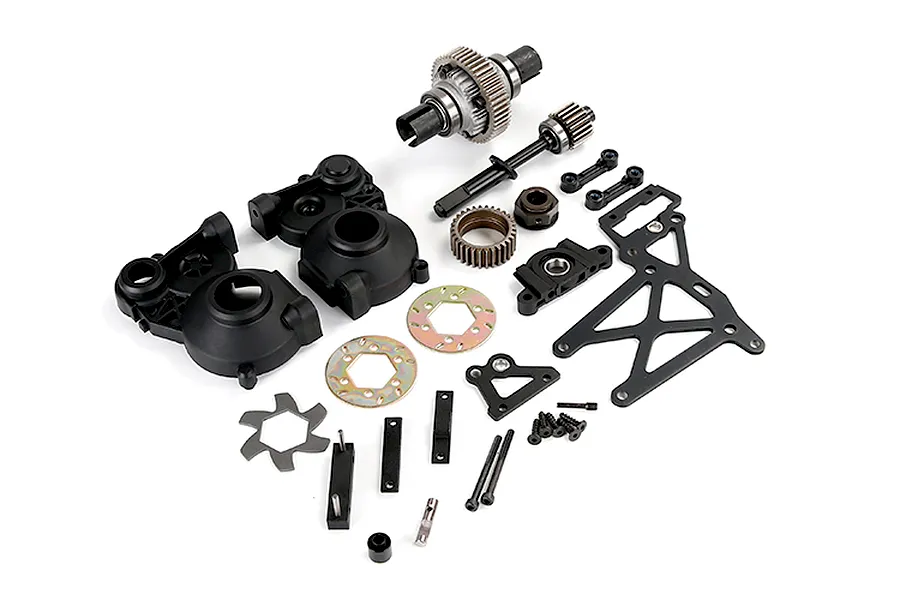 A collection of Rovan 1/5 scale RC Baja plastic gear differential transmission assembly parts laid out on a white background.