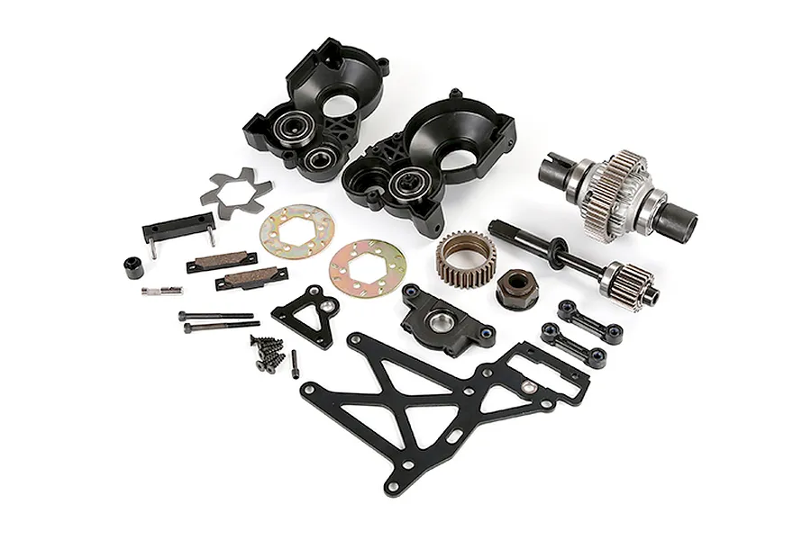 A Rovan 1/5 scale Baja plastic gear differential transmission assembly kit laid out on a white background.