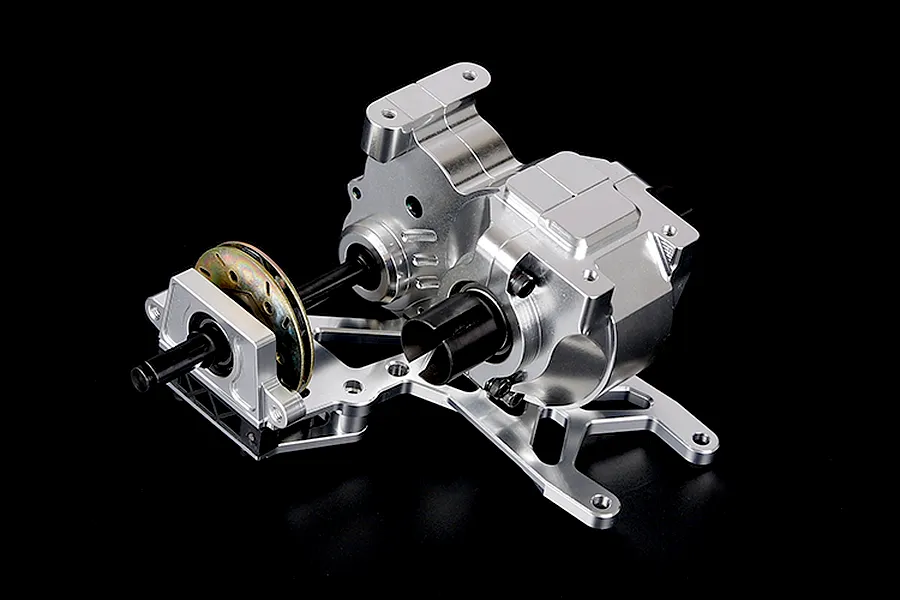 A silver aluminium gear differential transmission assembly for a 1/5 scale RC car, featuring a metal housing and drive shaft components.