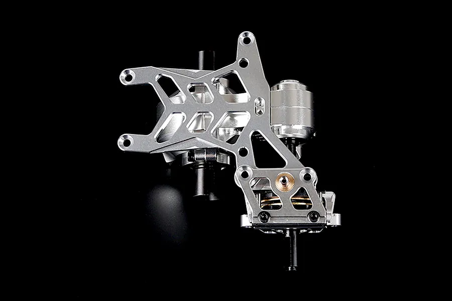 A silver aluminium gear differential transmission assembly for a 1/5 scale RC car, shown against a black background.