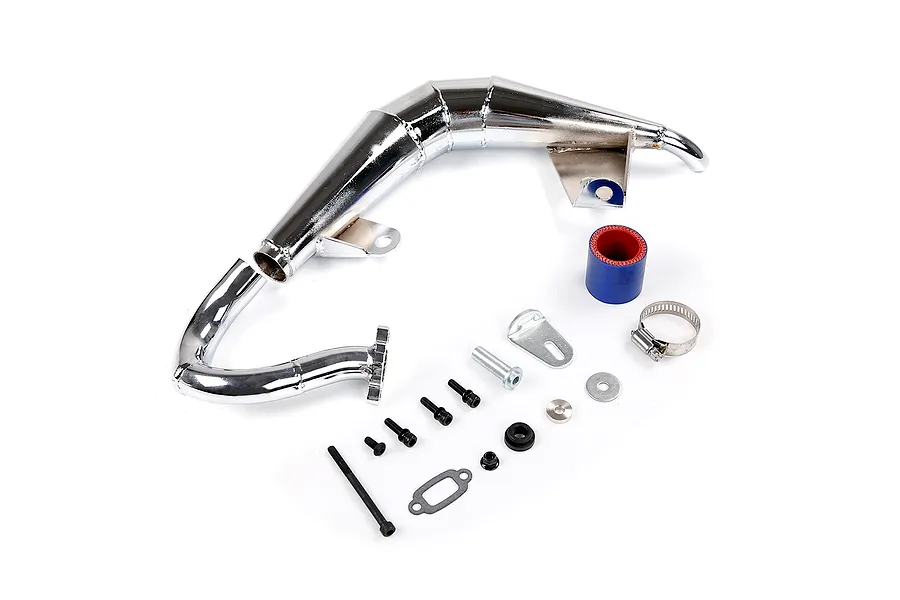 Rovan chrome steel tuned exhaust pipe set for Losi 5IVE-T RC car, including mounting hardware, silicone coupler, and gasket on a white background.