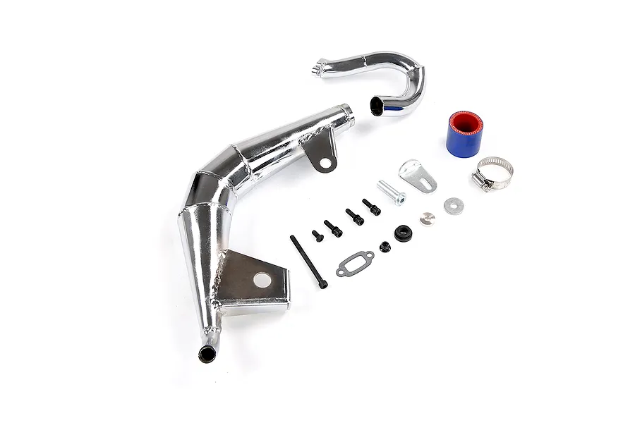 A chrome steel tuned exhaust pipe set for an RC car, including the main pipe, header, silicone coupler, hose clamp, and various mounting hardware.