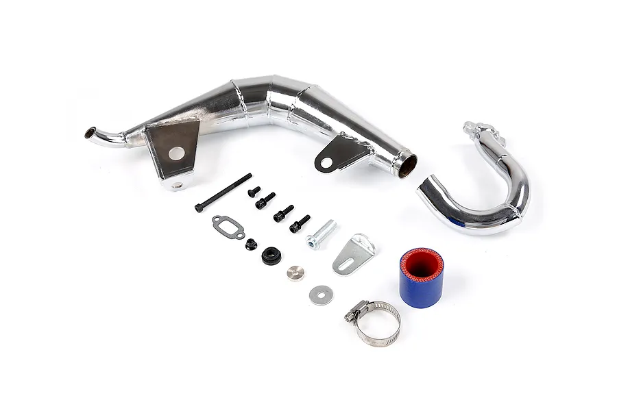Rovan chrome steel tuned exhaust pipe set for RC cars, including pipe sections, mounting hardware, silicone coupler, and hose clamp on a white background.