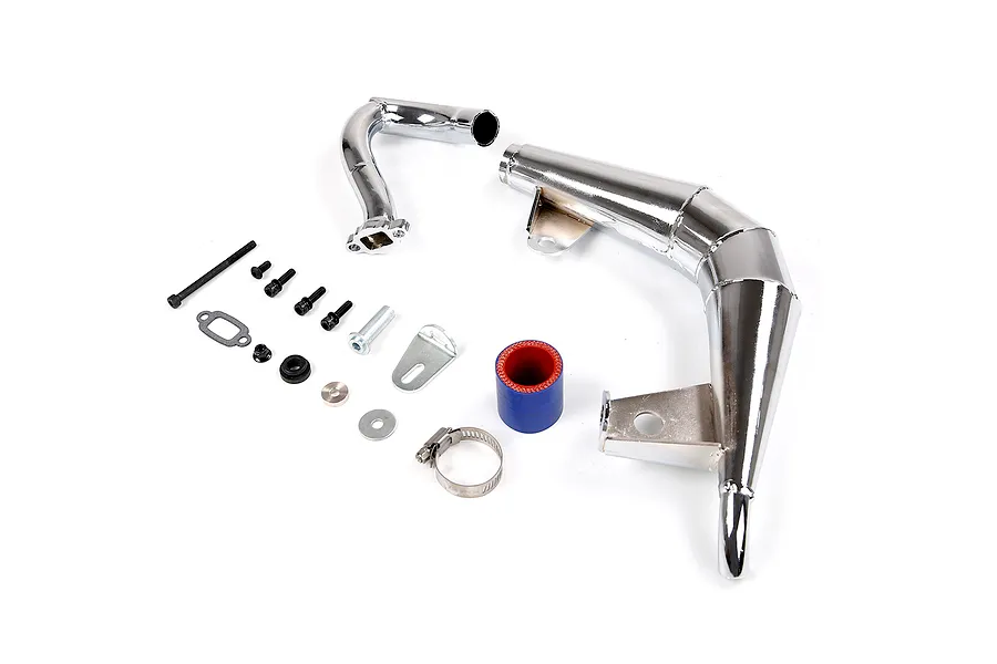Rovan chrome steel tuned exhaust pipe set for Losi 5IVE-T including manifold, pipe, silicone coupler, and mounting hardware on a white background.