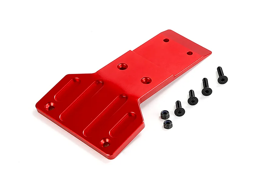 A red anodized aluminium front skid plate for an RC vehicle, shown with four black screws and two locking nuts on a white background.